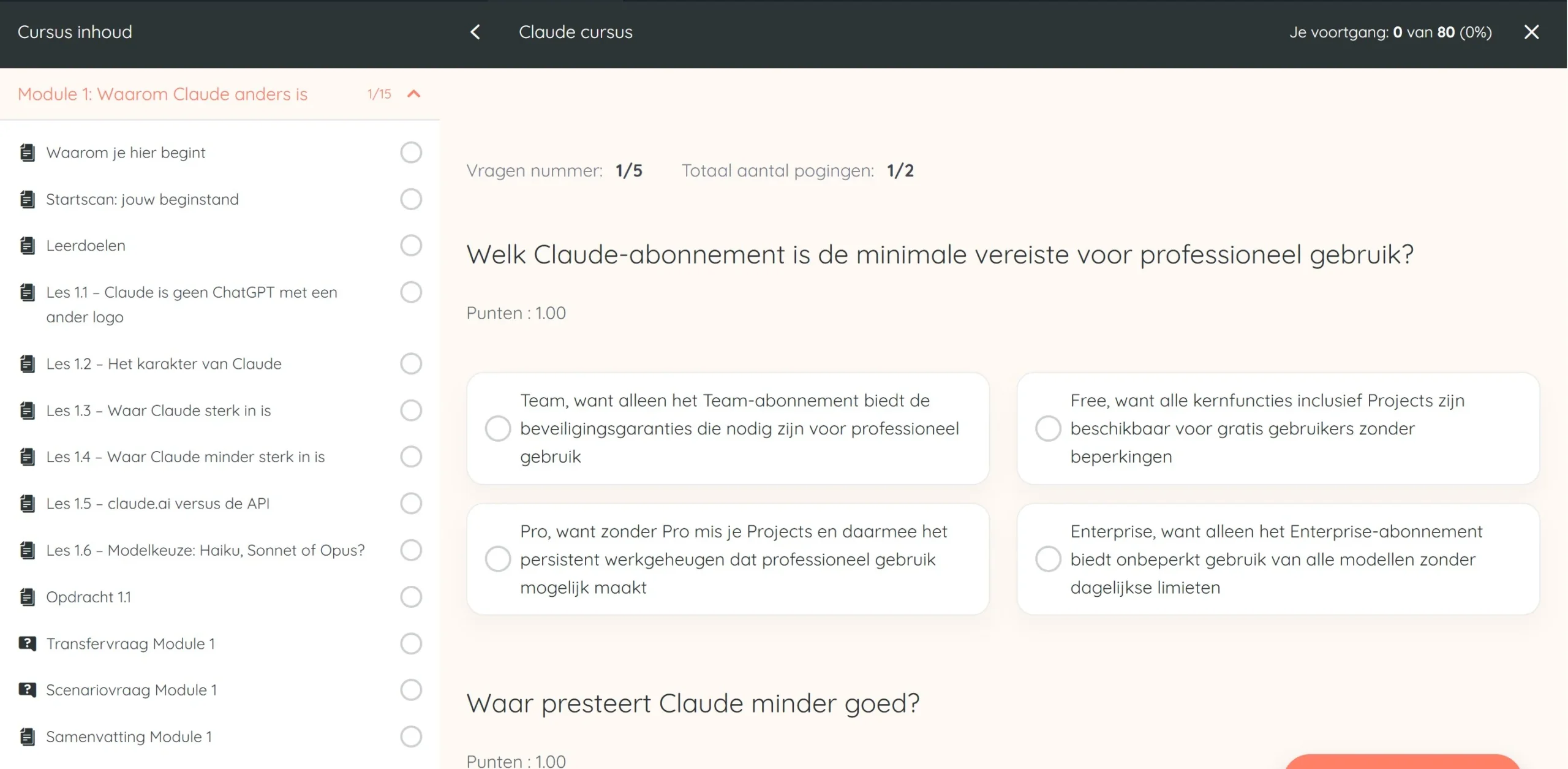 Kennischeck in de Claude cursus met meerkeuzevragen