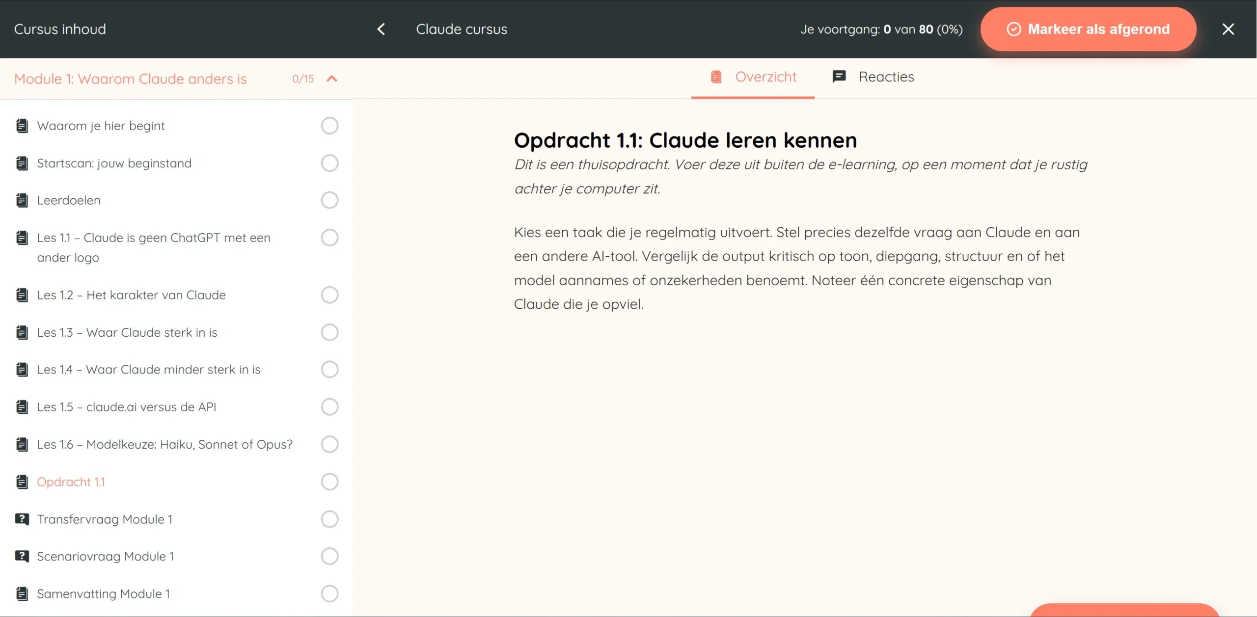Module-overzicht van de Claude cursus met opdrachten en lessen per module