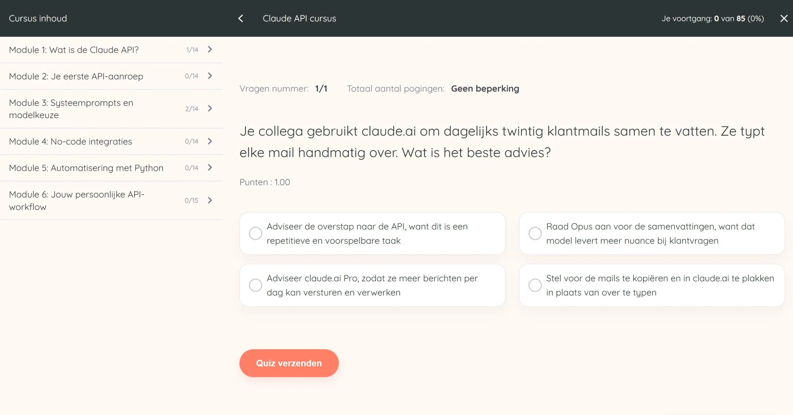 Transfervraag uit de Claude API cursus gebaseerd op een praktijksituatie