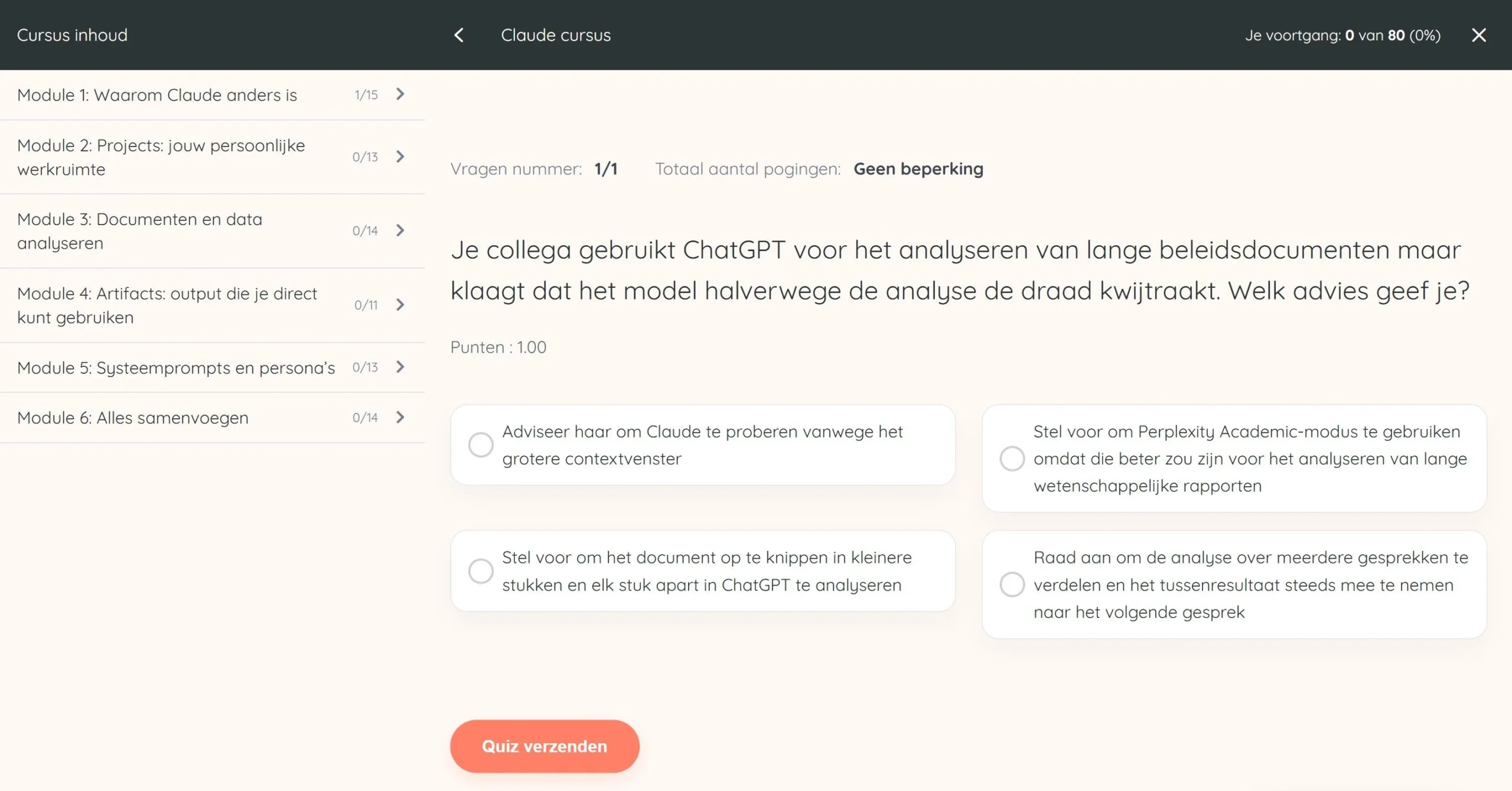 Transfervraag uit de Claude AI cursus gebaseerd op een praktijksituatie
