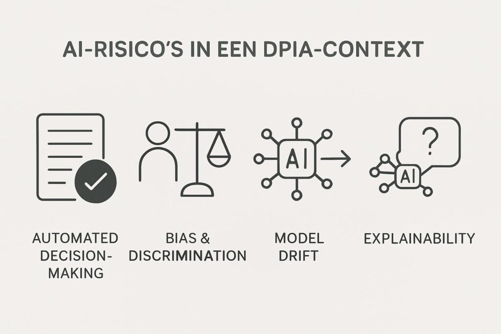 Visueel diagram van vier DPIA-risico's voor AI-systemen: automatische besluitvorming, bias en discriminatie, model drift, en explainability