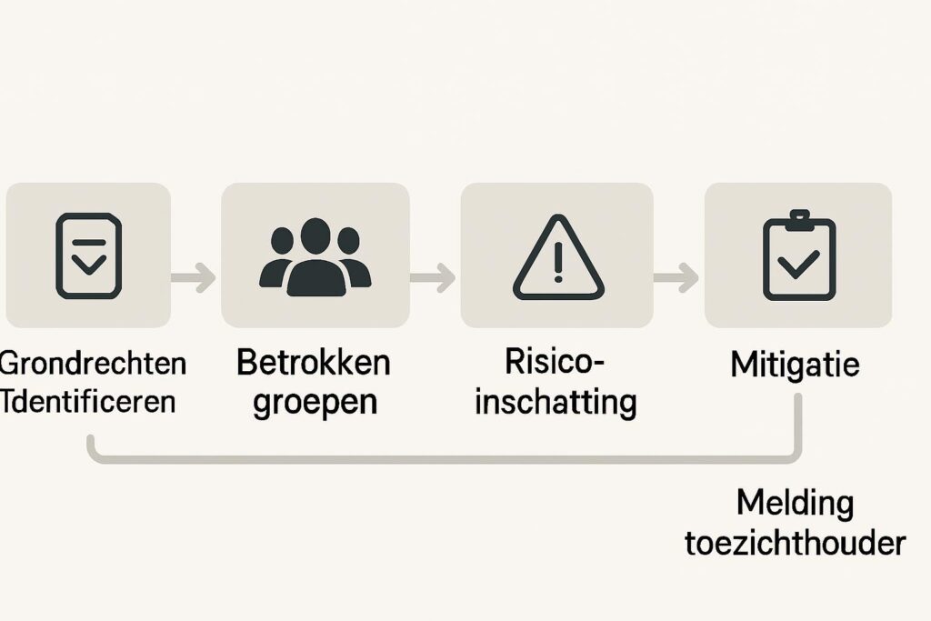 Visueel overzicht van het FRIA-proces: systeembeschrijving, grondrechten identificeren, betrokken groepen, risico-inschatting, mitigatie, melding bij toezichthouder