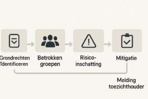 Visueel overzicht van het FRIA-proces: systeembeschrijving, grondrechten identificeren, betrokken groepen, risico-inschatting, mitigatie, melding bij toezichthouder